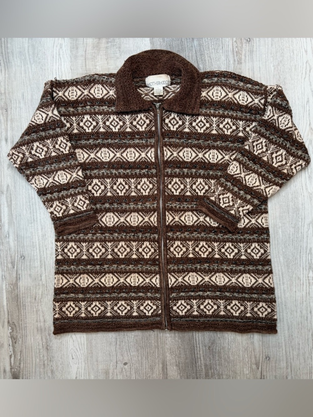 Motherhood Brown and Cream Fair Isle Zip-Up Sweater Maternity Womens Size L